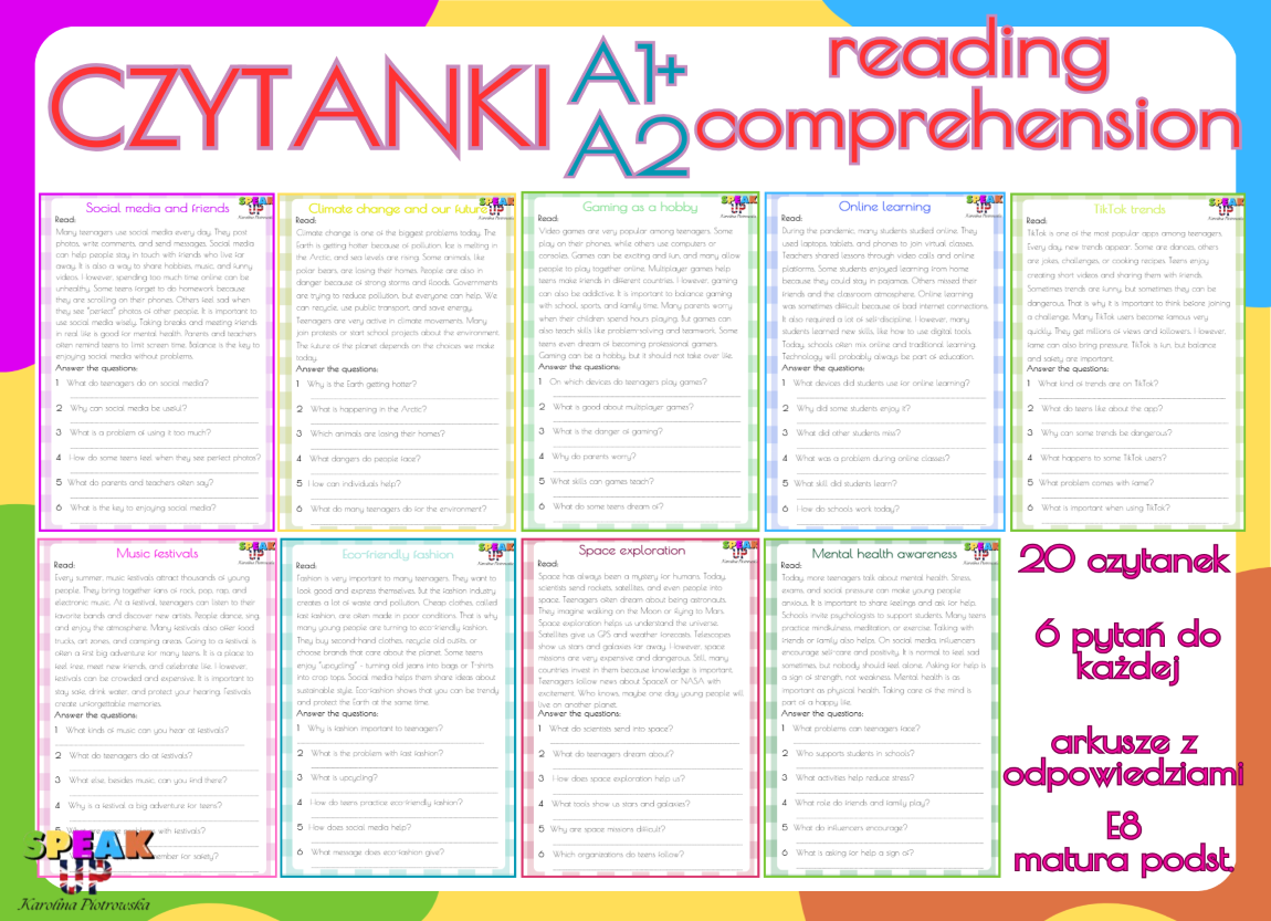 READING COMPREHENSION A1+ A2 20 czytanek + klucz - Speak UP zdjęcie 1
