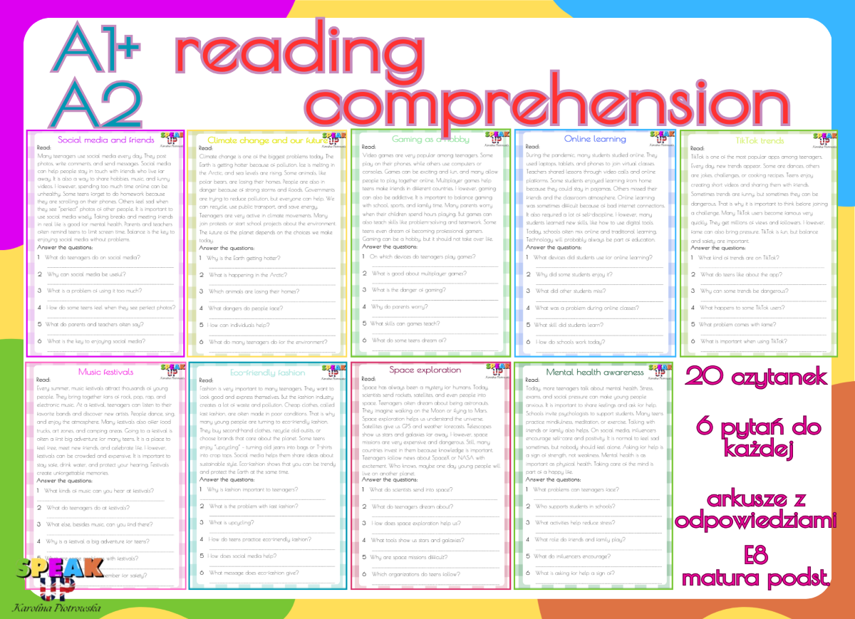 READING COMPREHENSION A1+ A2 20 czytanek + klucz - Speak UP zdjęcie 1