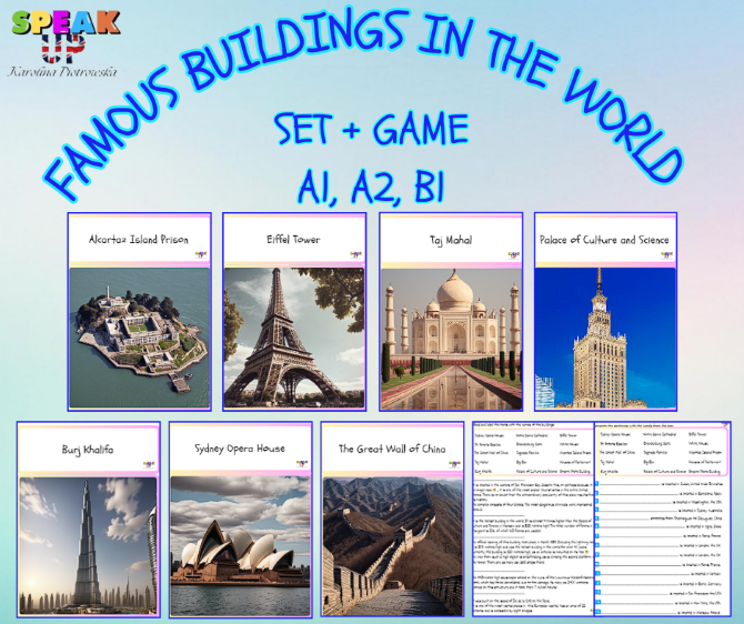 FAMOUS BUILDINGS IN THE WORLD set + game A1 A2 B1 - Speak UP zdjęcie 1