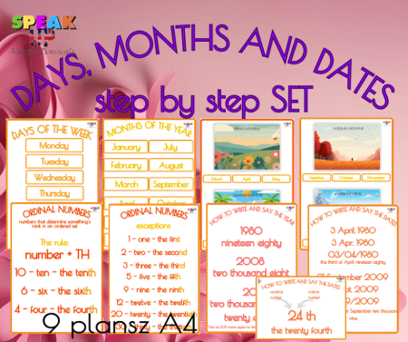 DAYS OF THE WEEK, MONTHS AND DATES step by step SET