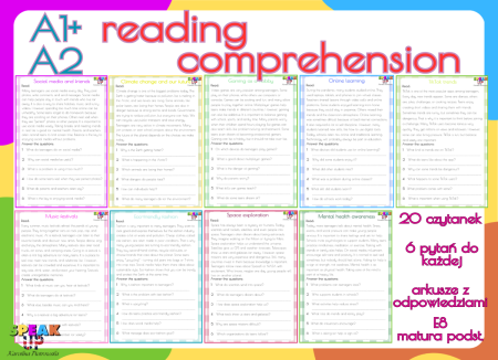 READING COMPREHENSION A1+ A2 20 czytanek + klucz