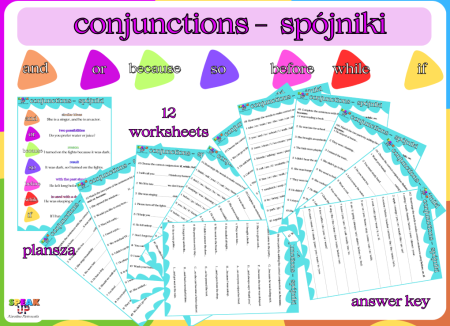 CONJUNCTIONS SPÓJNIKI - plansza + 12 worksheets