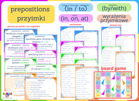 PRZYIMKI / prepositions - E8 - plansze + worksheets + board game