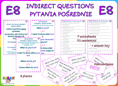 E8 INDIRECT QUESTIONS - pytania pośrednie - kompleksowy zestaw materiałów